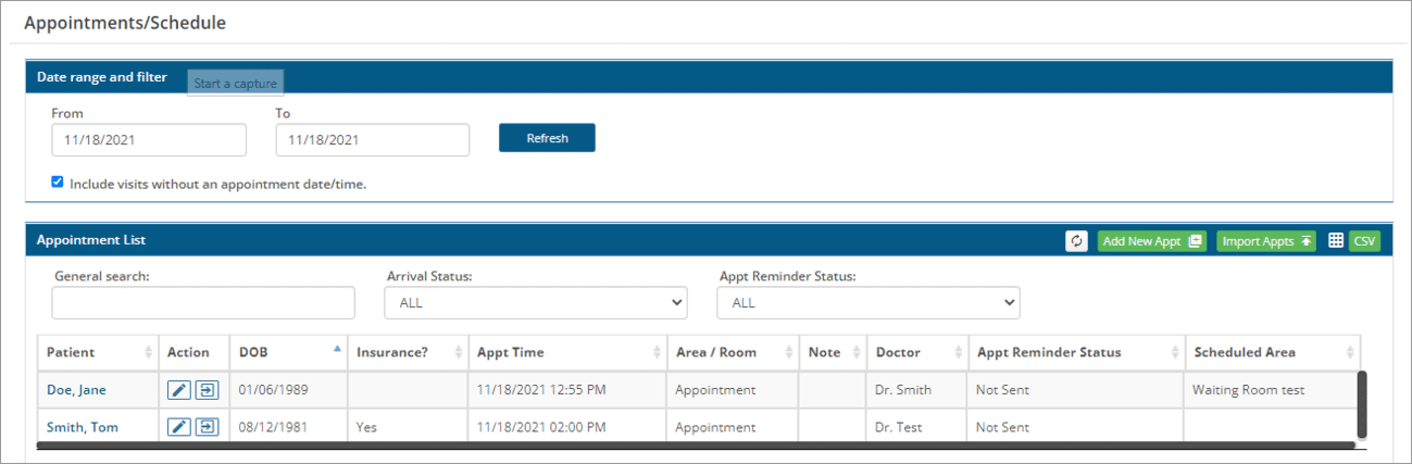 Appointments or schedule window